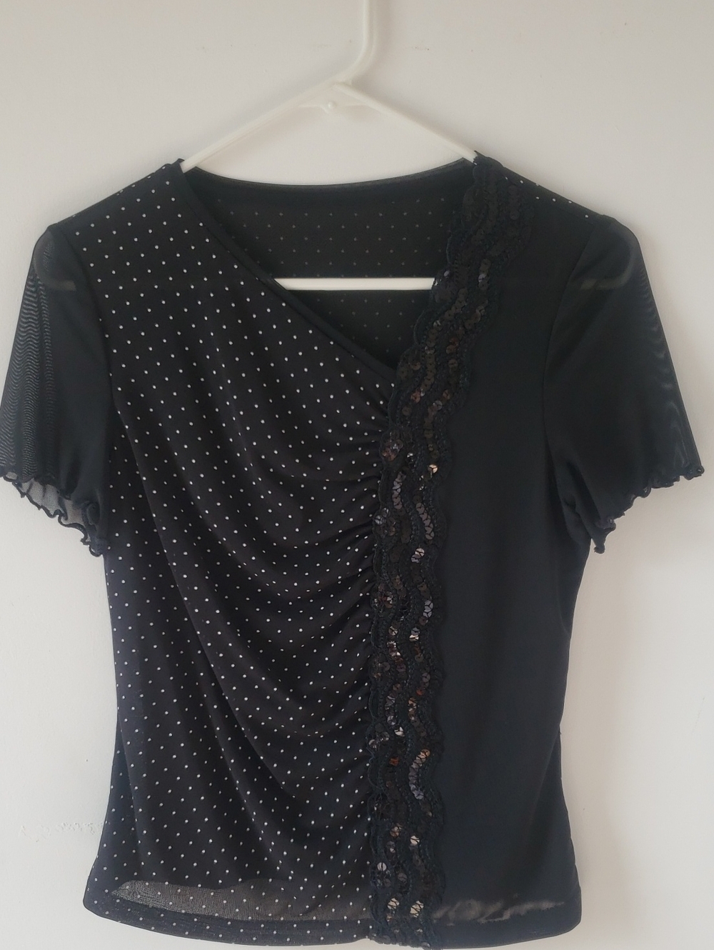 Black Sequine & Lace Accent Women’s Short Sleeve Top